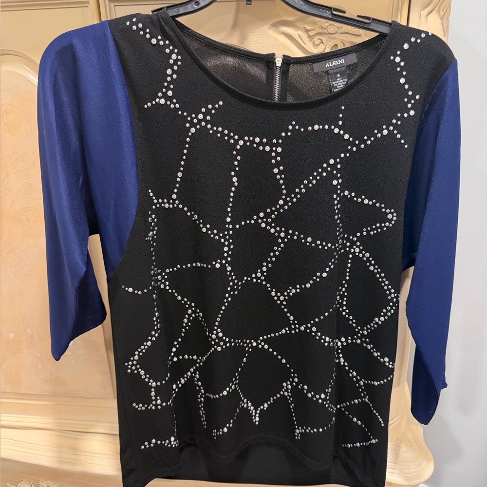 Alfani Black Top with Blue Sleeves and Rhinestone Detail